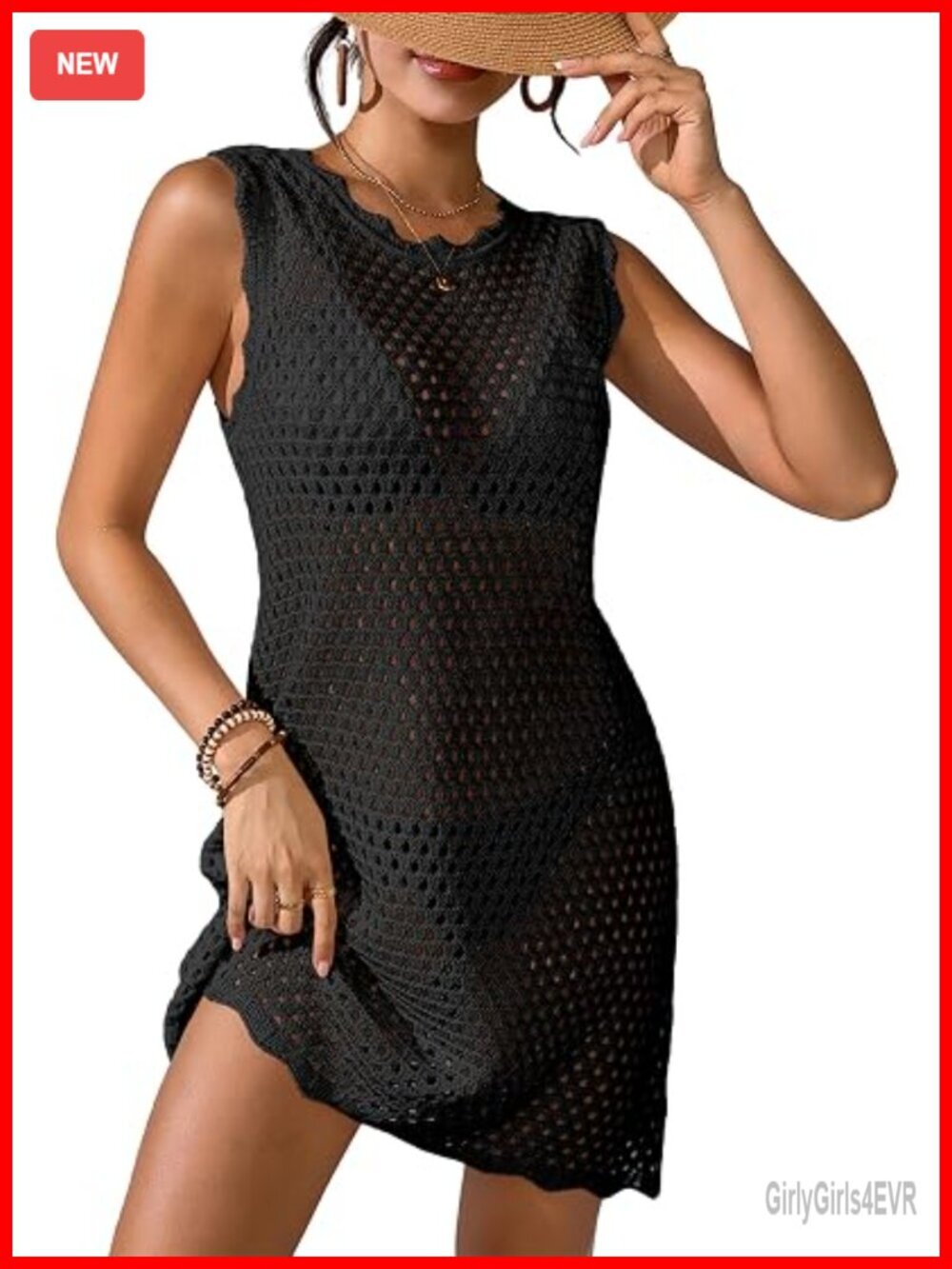 Crochet Swimsuit Cover Up Mini Dress Sleeveless Mesh Knit Beach Coverup